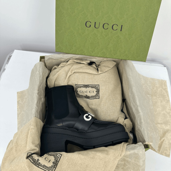 Gucci Women’s Ornella Leather Boots Logo Chunky Platform Chelsea US 8 Black NIB - Picture 2 of 15